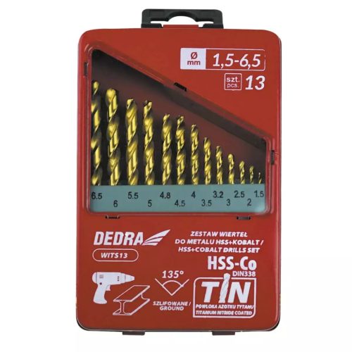 13 db-os fúrószár készlet fémhez HSS+kobalt+TiN, 135°