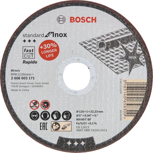 VÁGÓKORONG FÉMRE INOX BOSCH 2608603171 125*1,0*22 RAP.